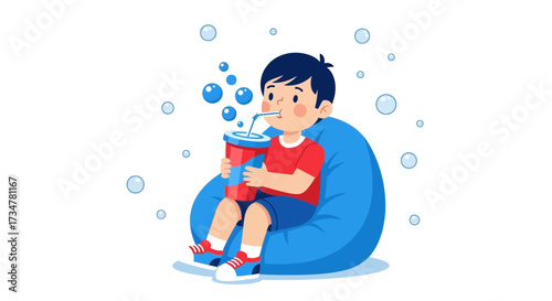 A Cheerful Boy Savoring Refreshing Drink While Relaxing On A Comfortable Beanbag