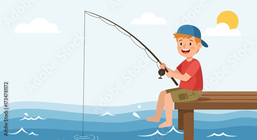 A cheerful cartoon illustration of a young boy fishing on a wooden pier at the lake