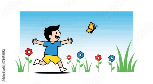 A cheerful child chasing a butterfly in a vibrant and colorful garden on a sunny day