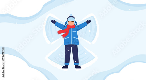 A cheerful illustration depicting a person making a snow angel in a winter wonderland