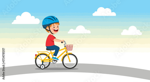 A cheerful illustration of a young child happily riding a yellow bicycle on a sunny day
