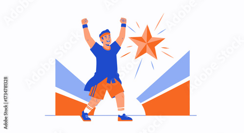 A Cheerful Individual Celebrates Achievement Near A Shining Star Symbolizing Victory
