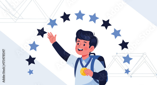 A Cheerful Student Celebrating Academic Achievement With A Medal And Star Accolades