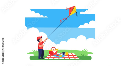 A Cheerful Young Lad Enjoys Kite Time, Playing Outdoors With A Picnic Basket