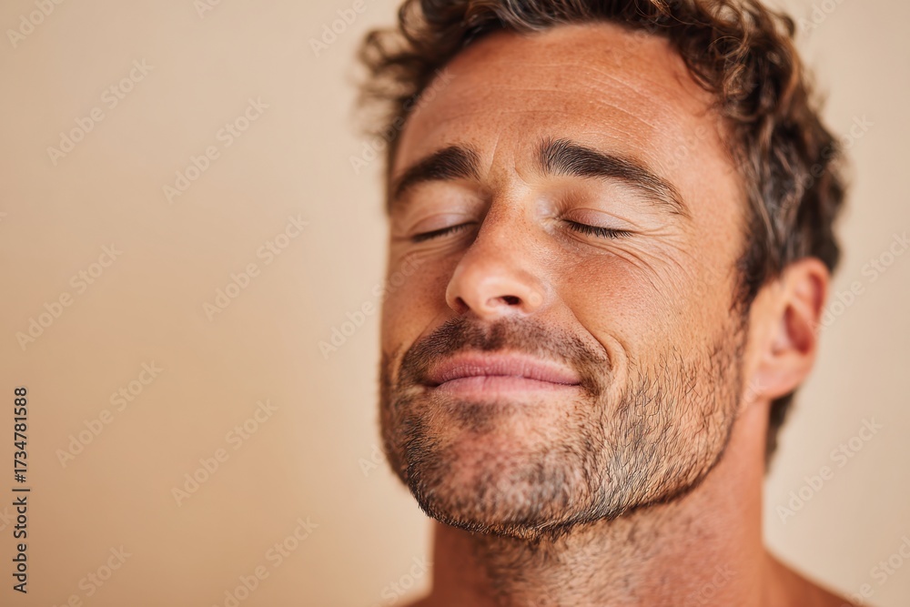 Obraz premium Smiling young man with beard on peach background