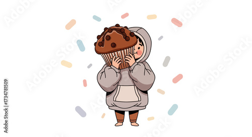 A Child Embraces A Giant Chocolate Muffin, Smiling with Whimsical, Colorful Sprinkles