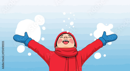 A child in a red coat playing with snow during a winter day happily smiling