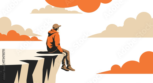 A person sitting on the edge of a cliff contemplating the vastness of the world