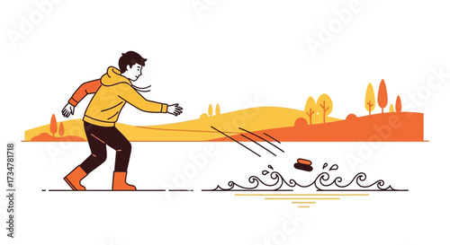 A person throwing a stone into the water, a recreational and leisure activity