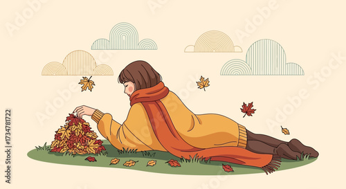 A Cozy Autumn Day: Woman Relaxing with Fallen Leaves in a Charming Scene