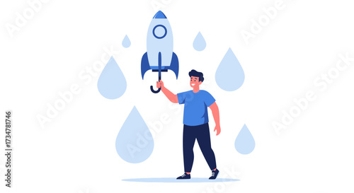 A Creative Man Holding a Rocket-Shaped Umbrella to Deflect the Rain in a Blue Environment