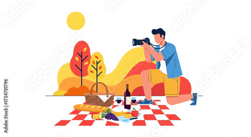 A Photographer Capturing Imagery During A Picturesque Picnic In The Autumn Landscape