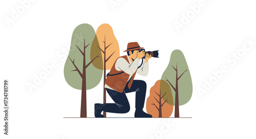 A photographer in a park with trees taking photo using a digital camera illustration