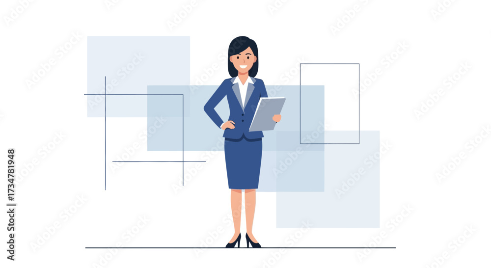 Fototapeta premium A Professional Woman Smiling and Holding a Tablet in a Modern and Abstract Setting