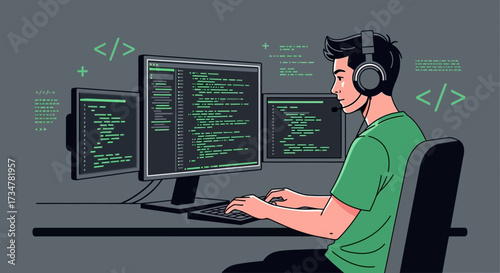 A programmer working on software code with headphones and multiple screens setup for coding