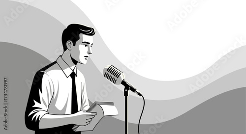 A Public Speaker Delivering Presentation Holding Notes Near Microphone On Abstract Background
