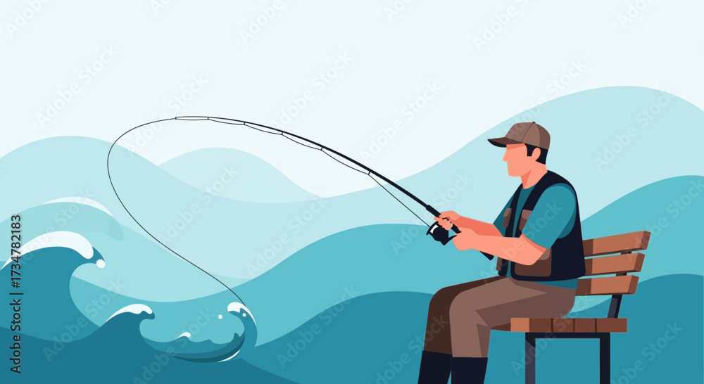 Obraz premium A fisherman sits on a bench and fishes in the ocean to enjoy his hobby and pastime