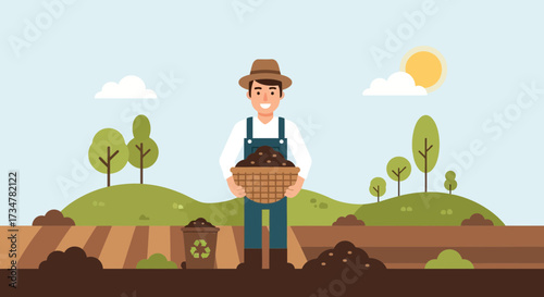 A Farmer Planting in the Field with Compost and Recycling in a Flat Vector Illustration