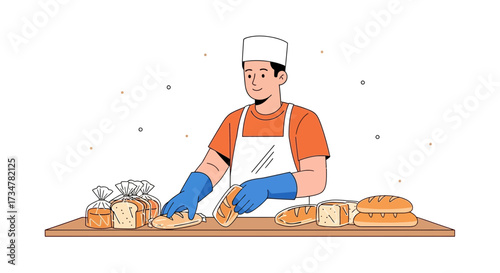 A Smiling Baker Arranging Freshly Baked Bread Loaves on a Wooden Table Vector Illustration