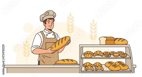 A Smiling Baker Displays Freshly Baked Breads And Pastries For His Bakery Clientele