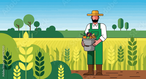 A Farmer Is Holding A Bucket Of Harvested Crop In A Bright And Sunny Field