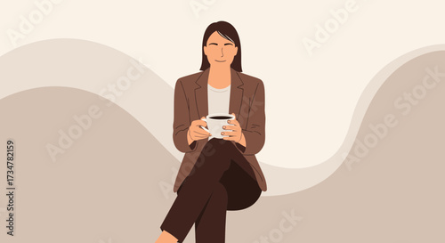 A smiling business woman sits and holds a cup of coffee during a break