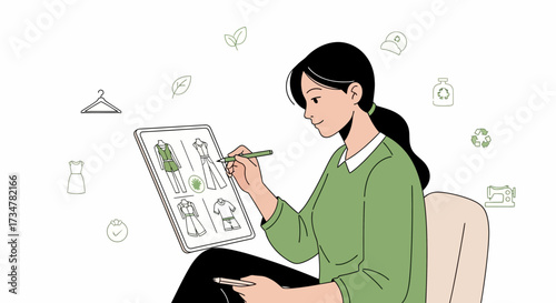 A Fashion Designer Sketching Sustainable Clothing Designs on a Digital Tablet