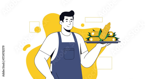 A Smiling Chef Serving Fresh Corn on a Tray, Ready to Serve Delicious Dishes
