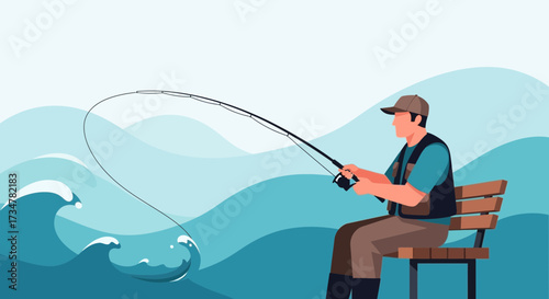 A fisherman sits on a bench and fishes in the ocean to enjoy his hobby and pastime