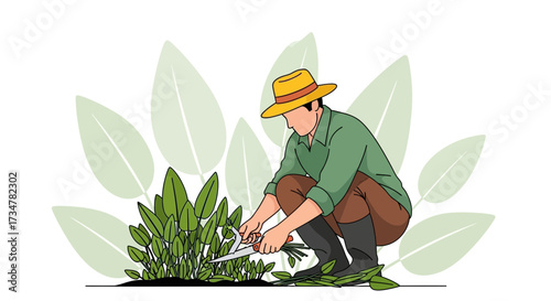 A Gardener Pruning Plants With Scissors In An Organic Garden Setting Illustrated