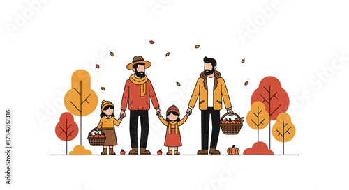 A gay family enjoys an autumn harvest outing with their two children in nature