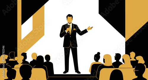 A speaker is presenting to an audience, the event is taking place on a stage