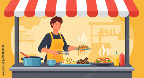 A Street Food Vendor Crafting Fresh Meals, Preparing Food Under A Red And White Awning