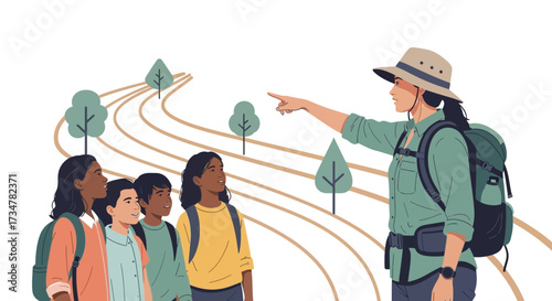 A group of children on a nature walk with a guide pointing the way ahead