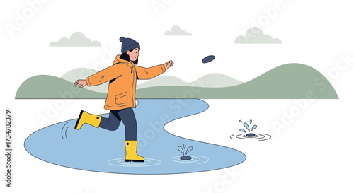 A girl throwing a frisbee in a puddle on a rainy day illustration
