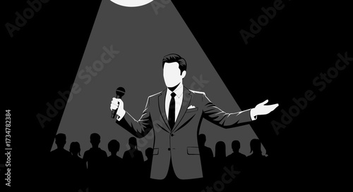 A stylish illustration depicting a public speaker on stage with an audience present