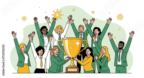 A Team Celebrates Victory and Achievement with a Golden Trophy in Hand  Happy People