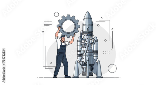 A Technician Assembling A Rocket With A Gear, Symbolizing Innovation and Progress