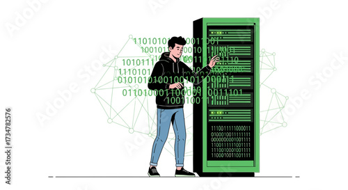 A technician working on a computer server, digital illustration, concept of data processing