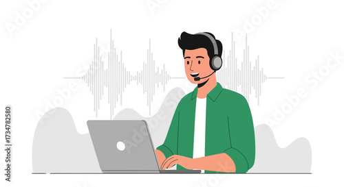 A vector illustration of a customer service representative with a headset using a laptop