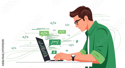 A Vector Illustration of a Programmer Coding on a Laptop Computer