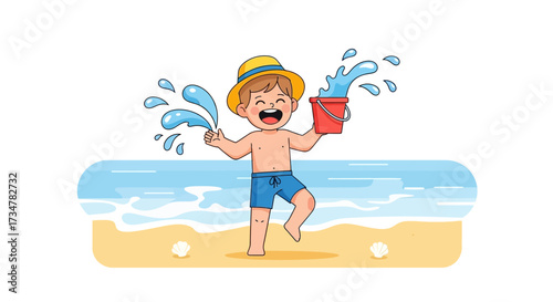 A joyful child playing with water on the beach enjoying summer and having fun