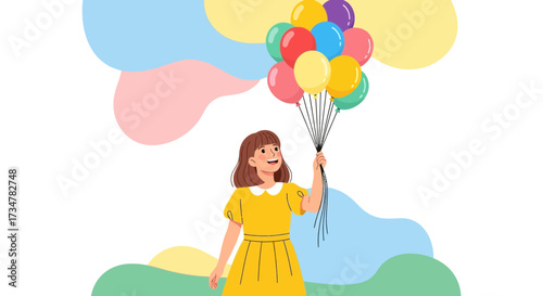 A joyful child with colorful balloons expressing happiness and freedom against a scenic background