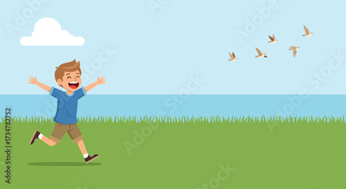 A joyful child running on a green field with birds flying across the sky no commas here