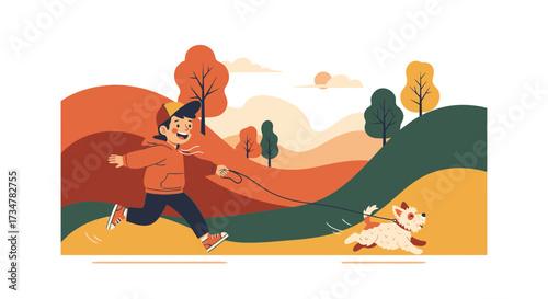 A joyful depiction of a boy running with his dog through a colorful autumn landscape