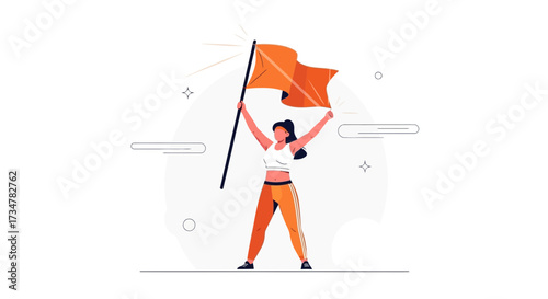 A Woman Celebrates Victory, Holding A Flag Achieving Her Goals And Objectives
