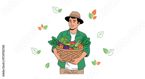 A joyful farmer carrying a basket full of fresh and healthy vegetables in an eco-friendly way