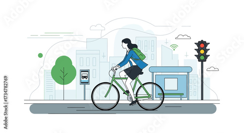 A woman commuting by bike in a city with bus stop traffic lights and buildings