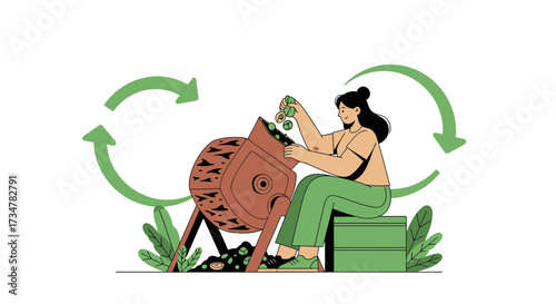 A woman composting food waste with gardening tools and recycled arrows illustration