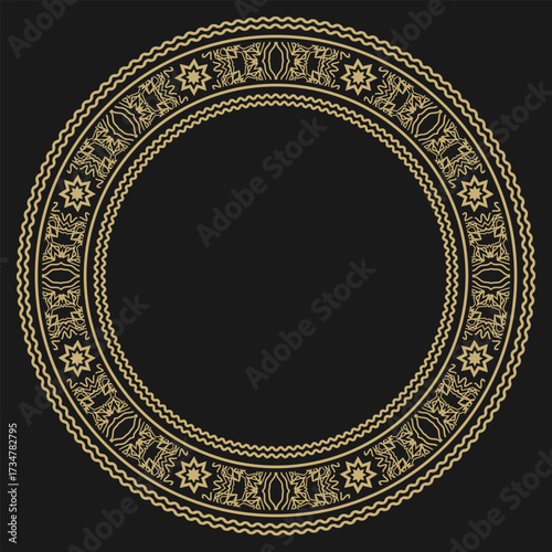 Round vintage golden frame with a stylized floral ornament. Black background. Vector illustration